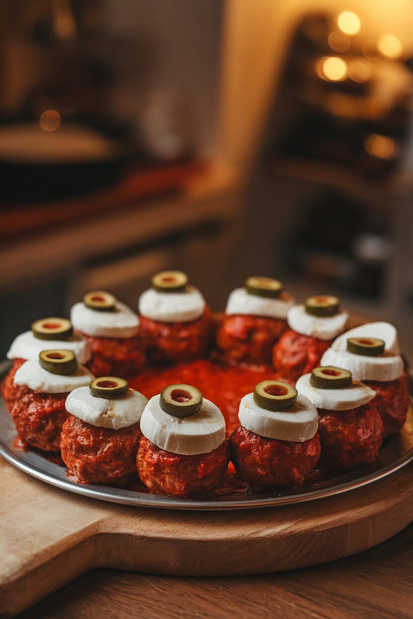 Photo, not illustration — indoor platter of saucy meatballs each topped with a melted mozzarella round and sliced olive pupil to resemble eyeballs; cozy kitchen lighting, no text or logos