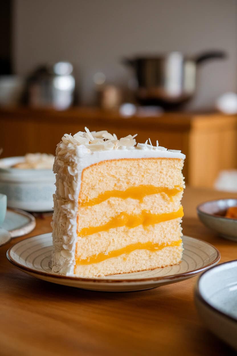 Indoor breakfast-room table with a tall slice of airy chiffon cake, mango puree ribbon visible through white coconut frosting and a flake garnish. Photo, no text or logos.