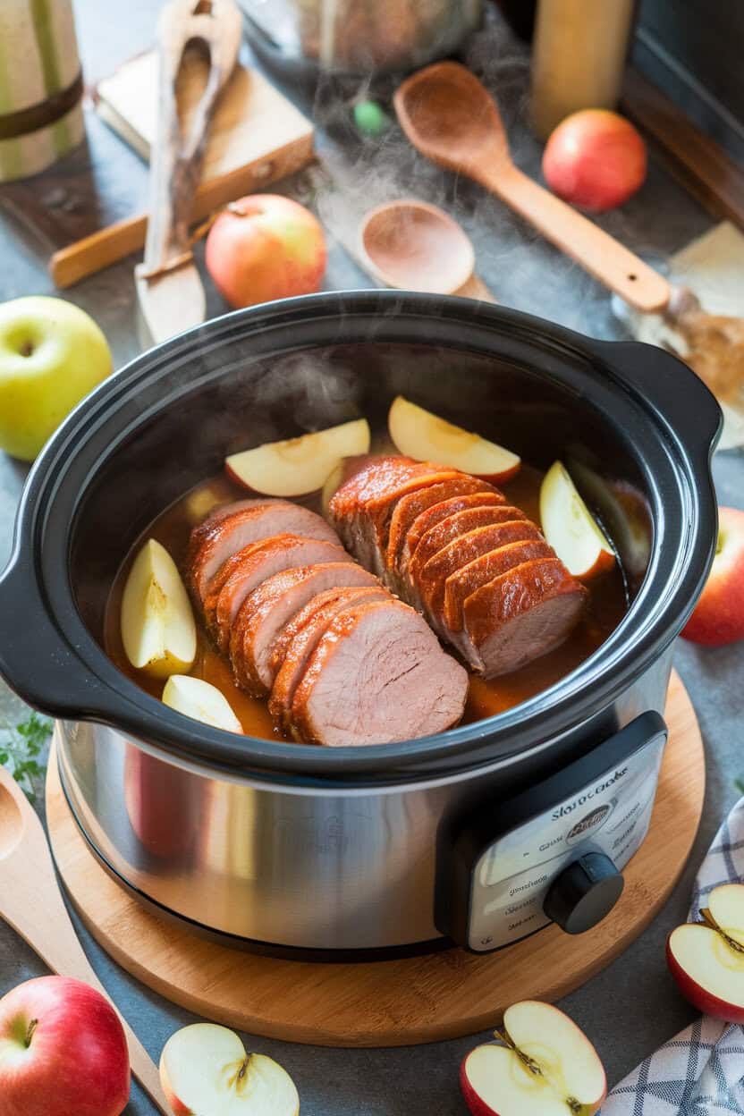 Cozy indoor counter scene featuring a slow cooker with sliced cider-braised pork loin, apple wedges in the sauce; steam visible, no text or logos.