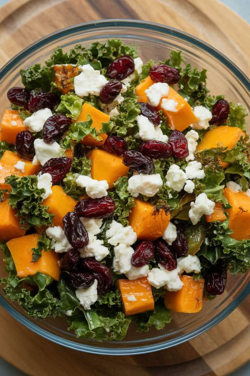 Indoor photo of a large salad bowl filled with roasted squash cubes, massaged kale, dried cranberries, and goat cheese crumbles; vinaigrette glistening, no text or logos.