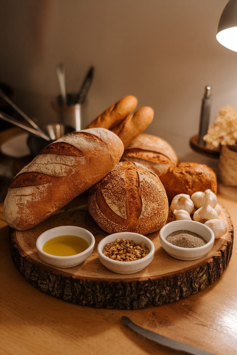 Indoor photo showing assorted artisanal breads, small bowls of herb-infused olive oil, roasted garlic cloves, and za’atar spice on a wooden slab. No text or logos. Photo, not illustration.