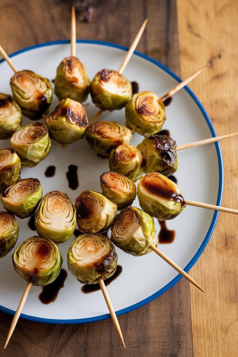 Indoor serving plate with small skewers of roasted Brussels sprouts brushed with balsamic glaze—side angle, no text or logos.