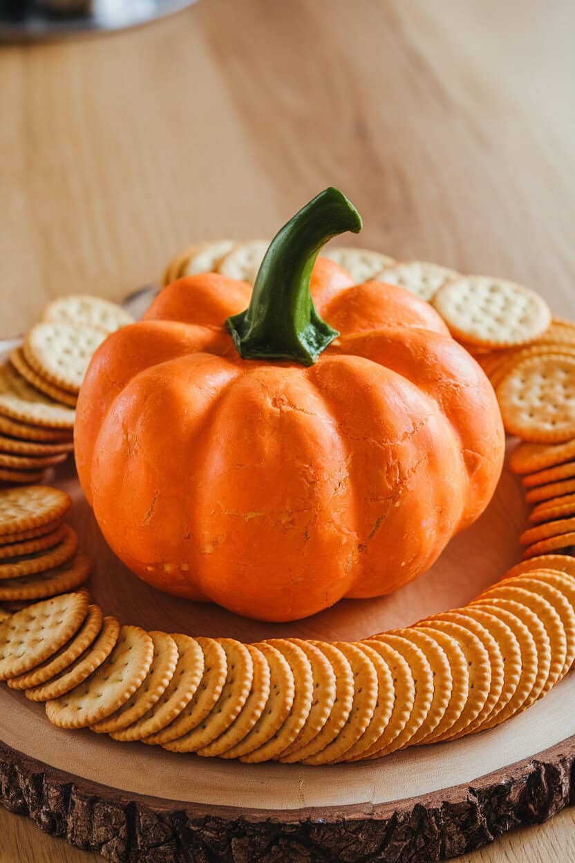 Indoor serving board with an orange-tinted cheese ball shaped like a mini pumpkin, complete with a green bell-pepper stem. Crackers arranged around; no text or logos. Photo only.