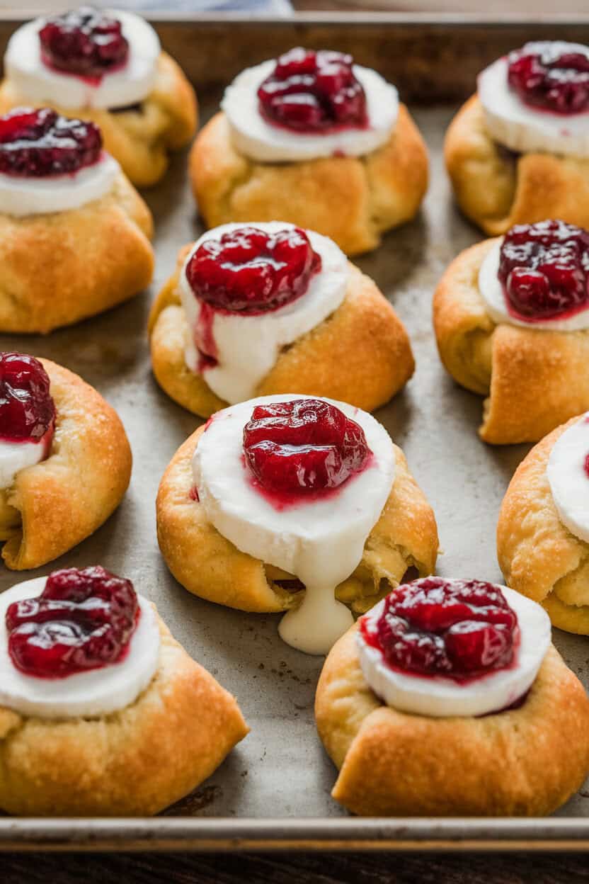 An indoor baking tray of golden crescent dough cups filled with melted Brie and red cranberry sauce, slightly oozing. No text or logos. Photo, not illustration.