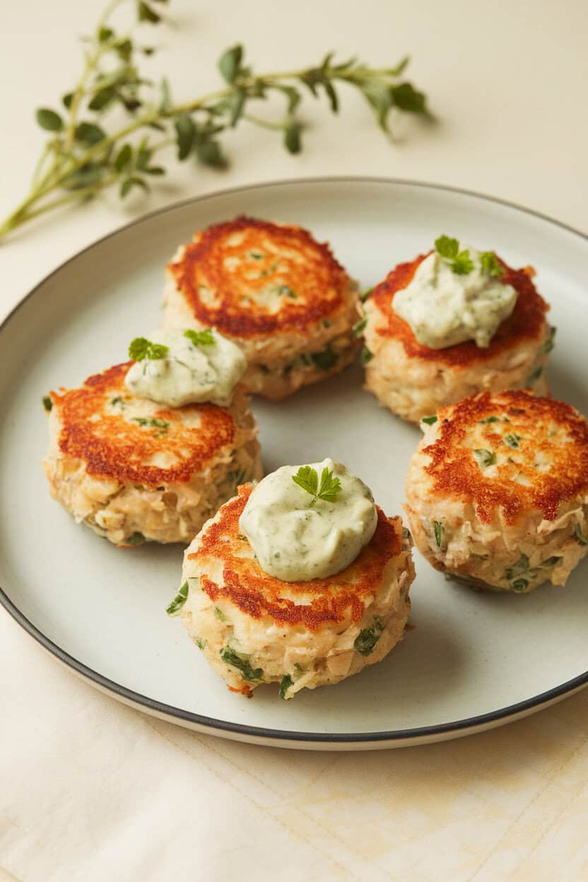 An indoor plate with bite-sized cooked crab cakes, golden brown and topped with a small dollop of remoulade; photo, no text or logos.