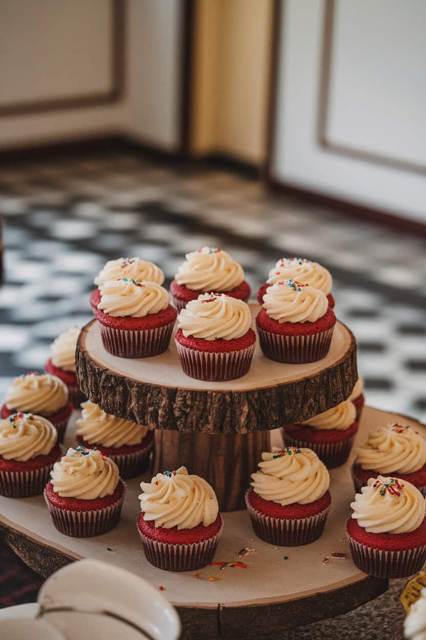 An indoor cupcake stand holding red velvet cupcakes topped with swirls of cream cheese frosting, festive sprinkles scattered. No logos or text visible.