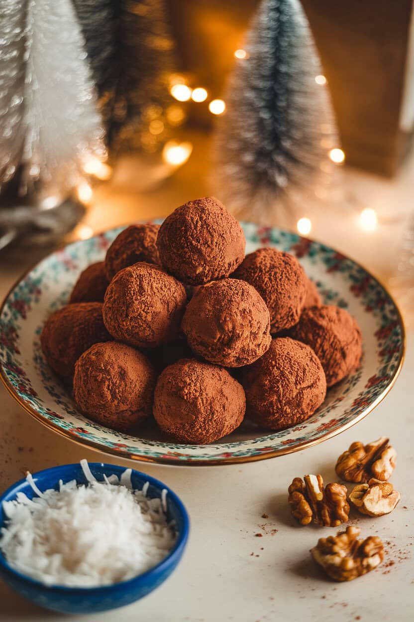 A close indoor shot of cocoa-dusted rum balls on a festive plate, with a small bowl of shredded coconut and crushed walnuts adjacent; warm lighting, no text or logos. Photo, not illustration.