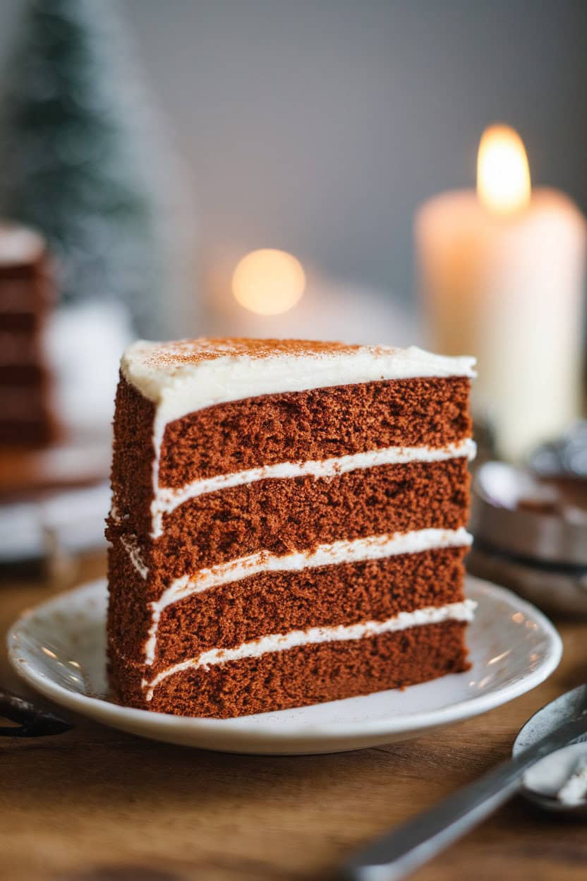 An indoor wooden table featuring a tall slice of dark gingerbread cake layered with snowy cream cheese frosting and a light sprinkle of cinnamon on top. Photo, no logos.