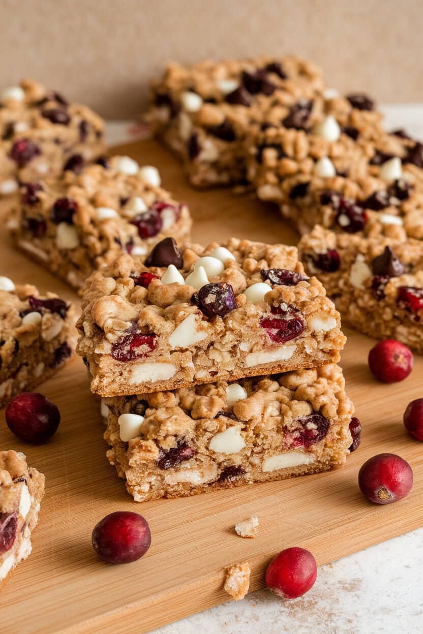 Photo prompt: Indoor cutting board with oatmeal cranberry white chocolate bar cookies sliced into rectangles, no text or logos.