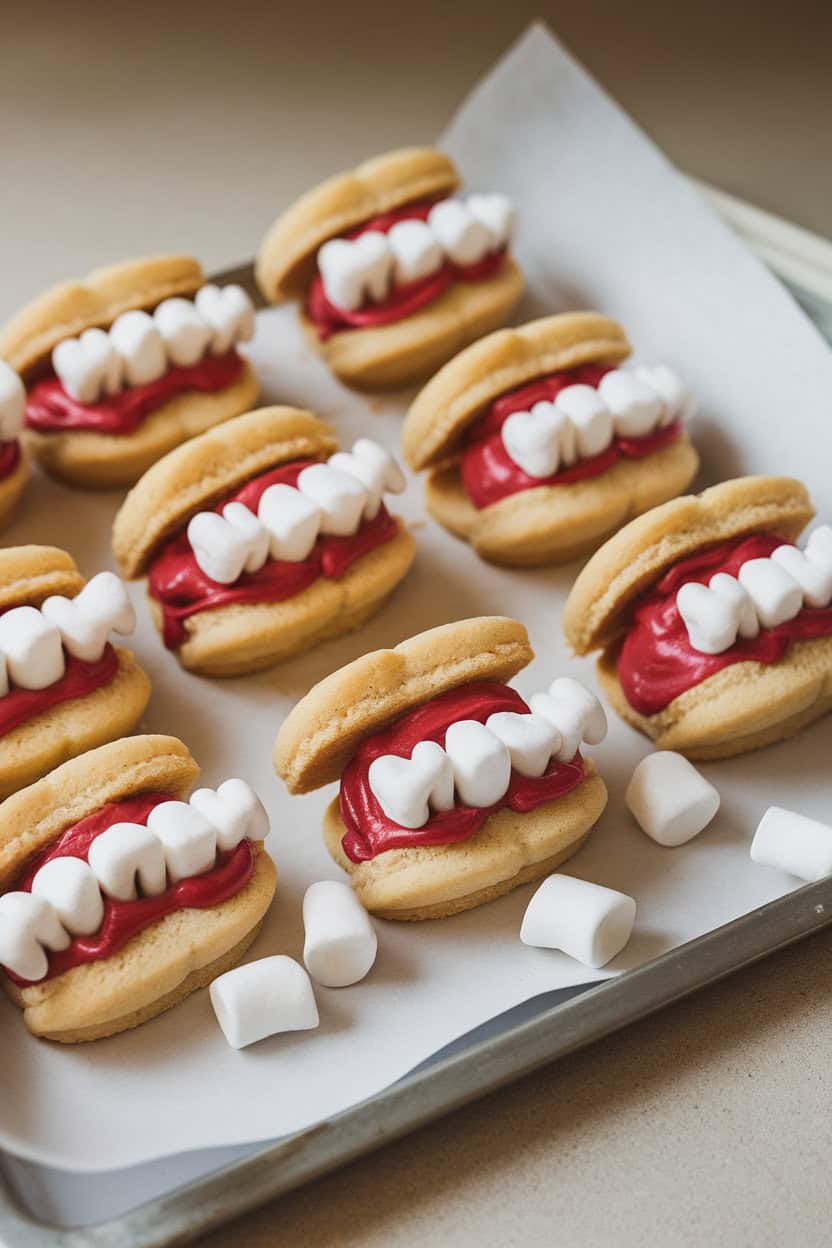 Indoor tabletop showing sandwich cookies split and filled with mini marshmallows as “teeth,” red frosting oozing slightly to mimic gums. No text or logos. Photo only.
