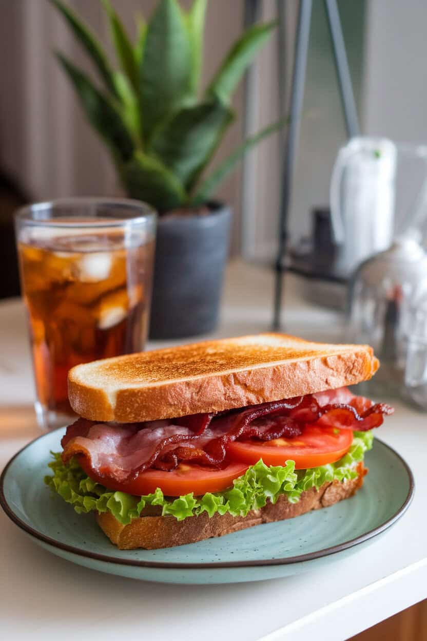 A cozy indoor lunch scene with a stacked BLT on toasted bread, crisp bacon peeking out alongside bright lettuce and tomato slices. Photo only, logo-free.