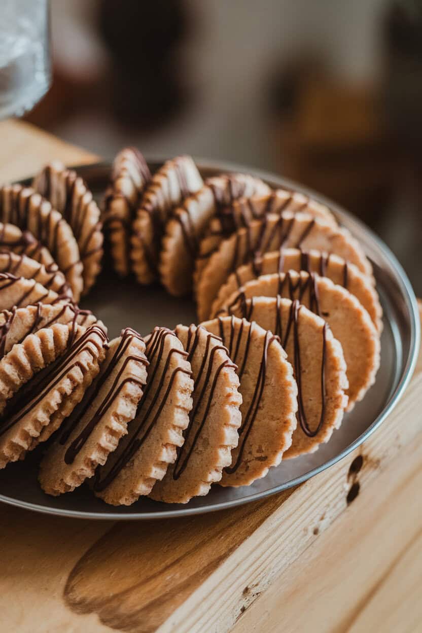 Softly lit indoor tray of thin lace-like almond cookies drizzled with dark chocolate, no text or logos visible.