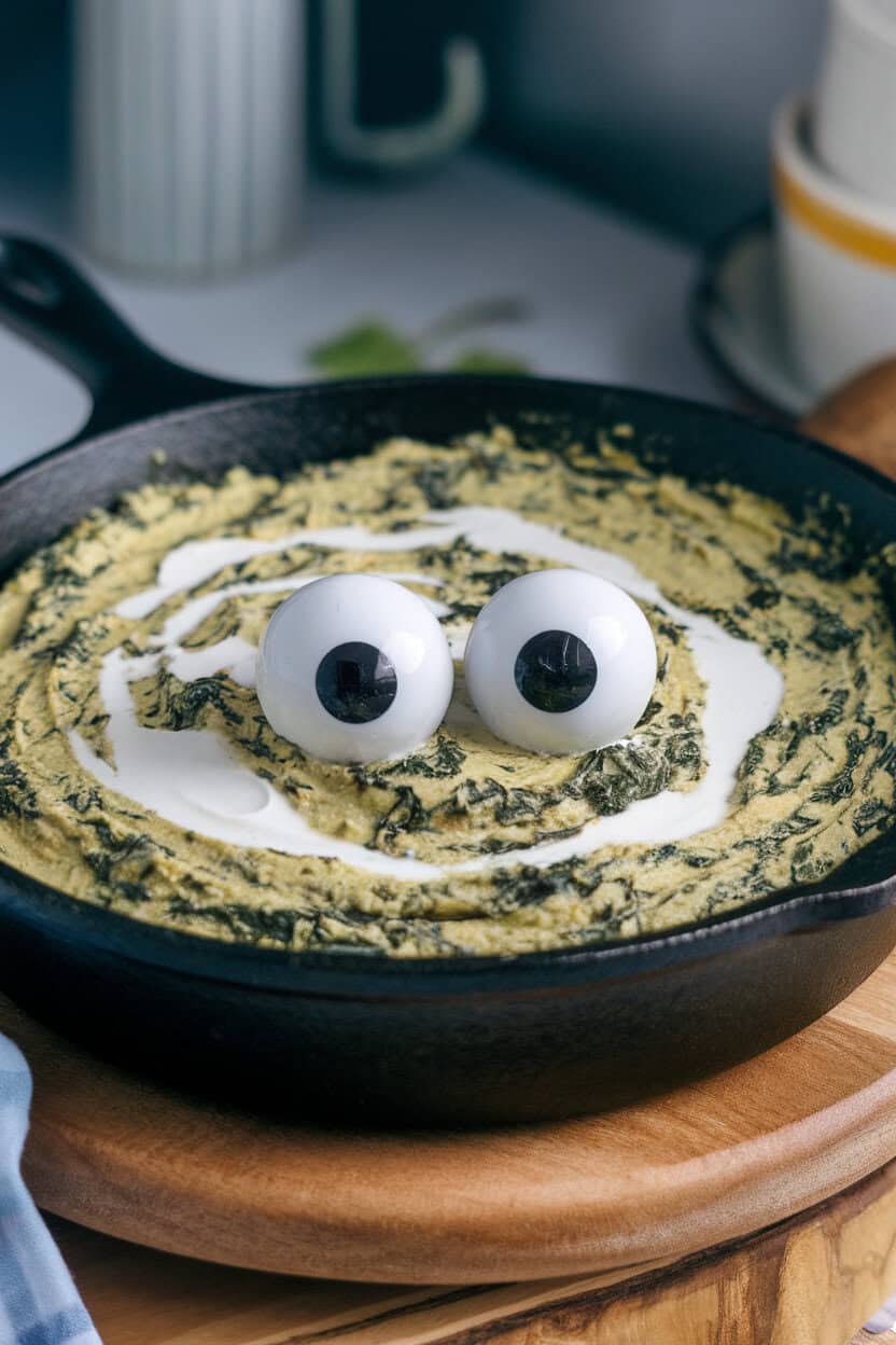A rustic indoor ceram ic skillet brimming with spinach artichoke dip tinted dark green, topped with a light swirl of sour cream and plastic toy eyes for decoration (eyes removed before eating). No logos or text; photo only.