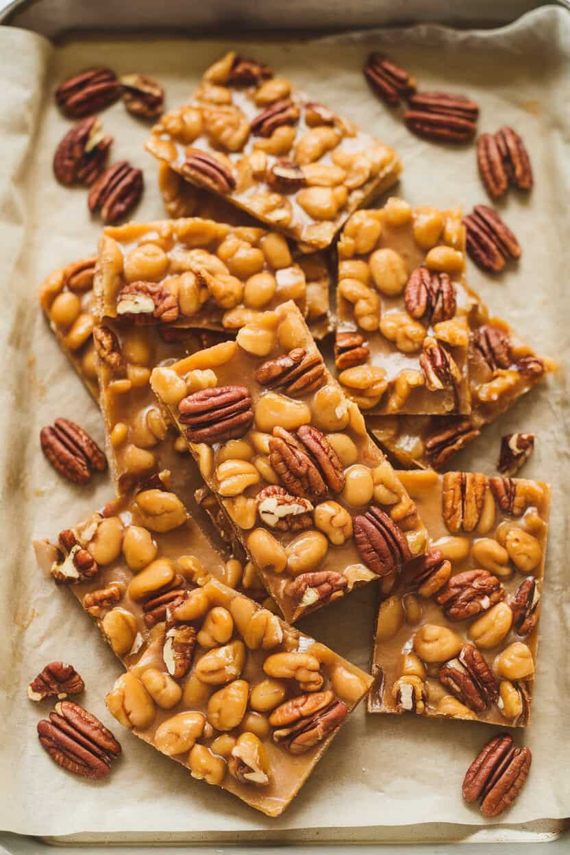 Shards of golden maple pecan brittle spread across a parchment-lined indoor tray. No text or logos. Photo, not illustration.