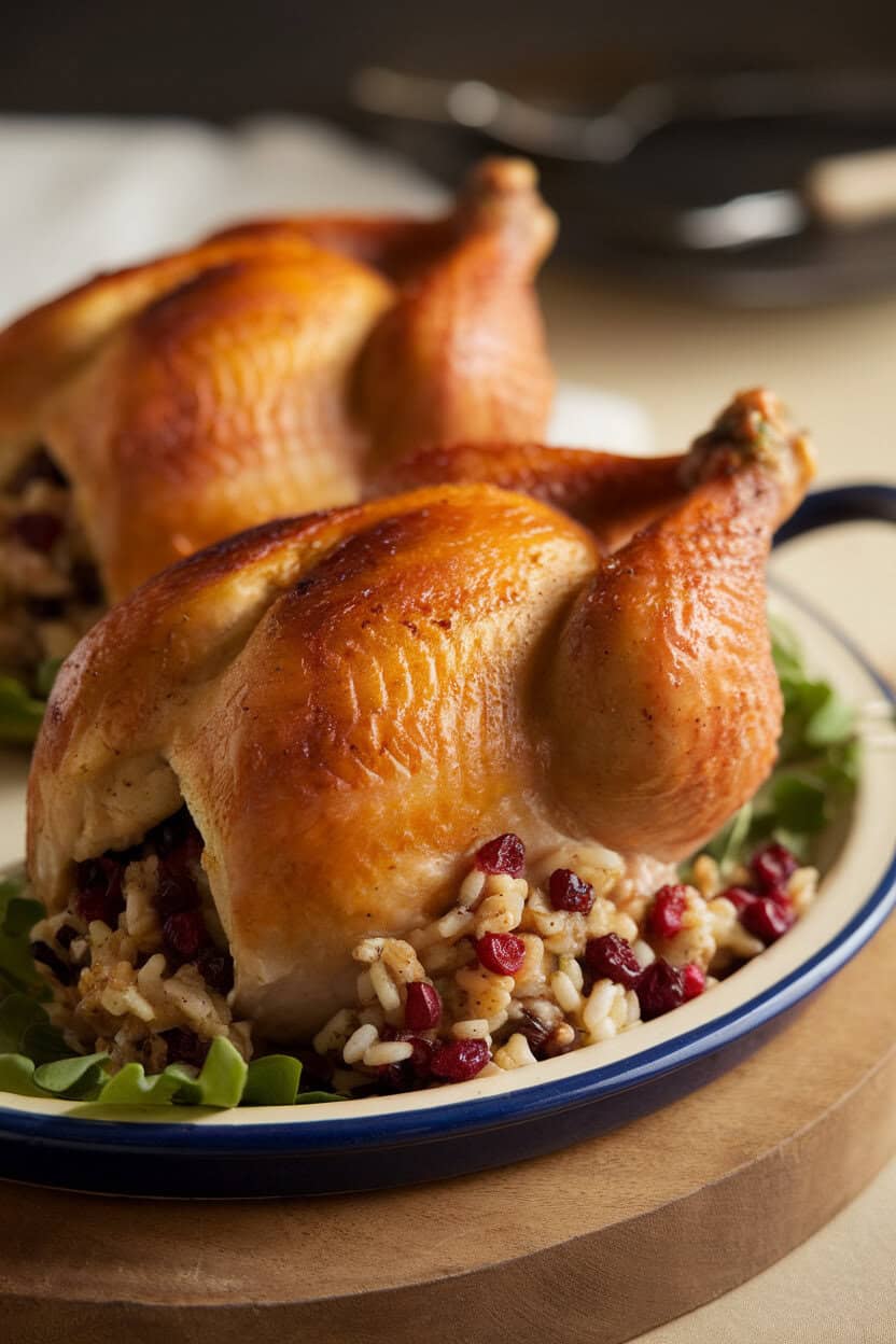 Photo of two roasted Cornish hens on a ceramic platter, cranberry-wild rice stuffing spilling slightly from the cavities, softly lit indoor setting. No text or logos.