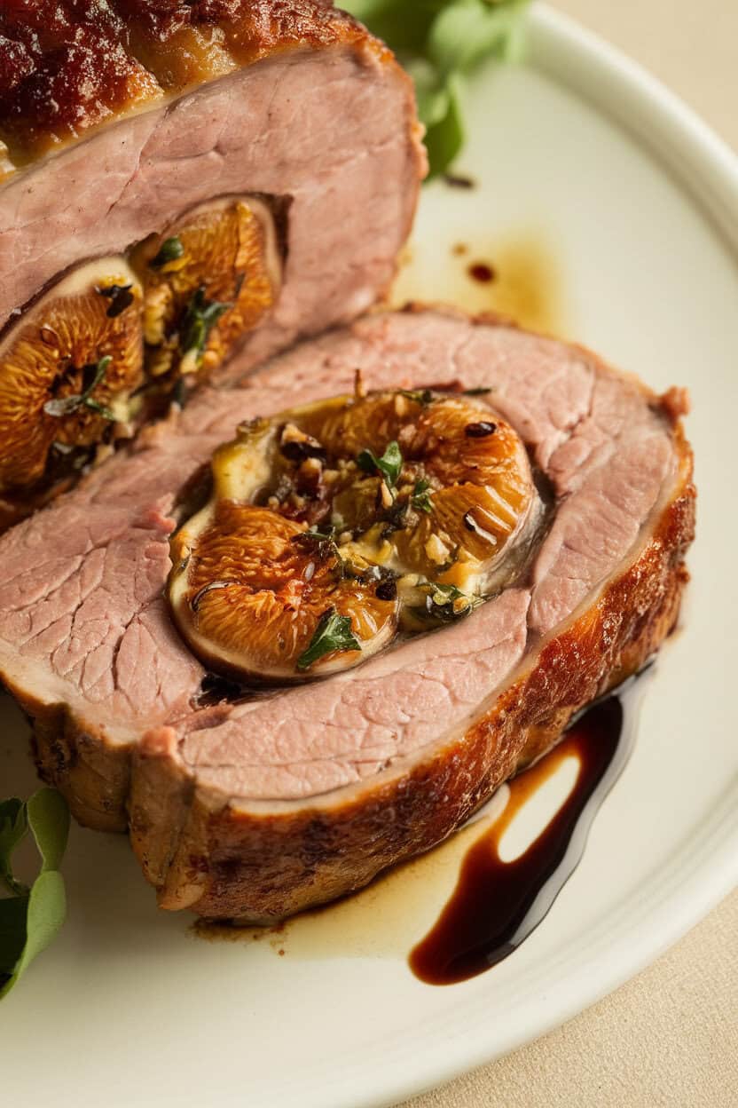 Indoor close-up of a slice of pork loin revealing fig and herb stuffing, drizzle of balsamic reduction nearby; no branding or text.