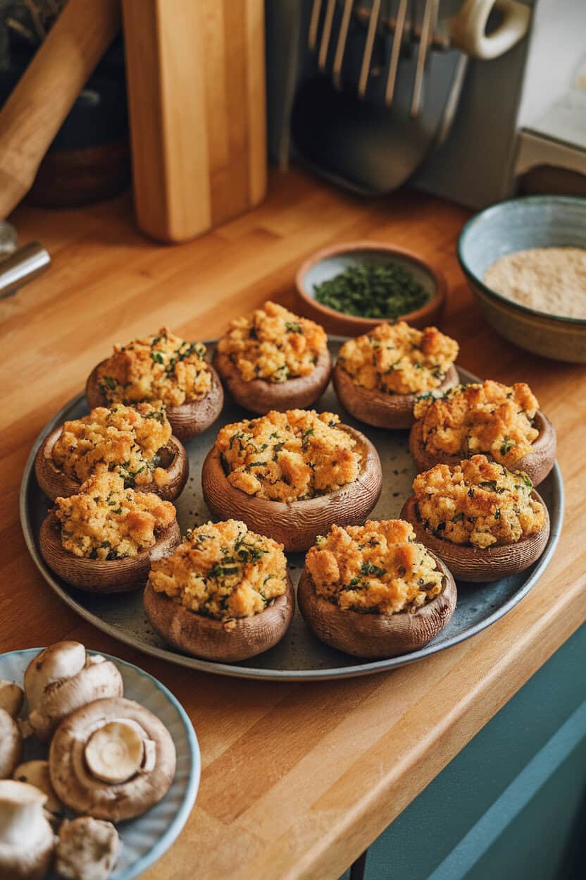 An indoor kitchen island with a platter of baked cremini mushroom caps filled with golden breadcrumb and herb stuffing, steam gently rising. No text or logos visible. Photo only.