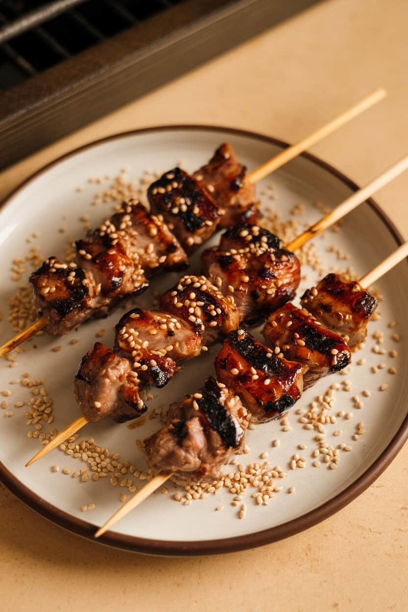 Photo of glazed grilled lamb yakitori skewers on a plate with sesame seeds, indoor lighting, no text or logos.