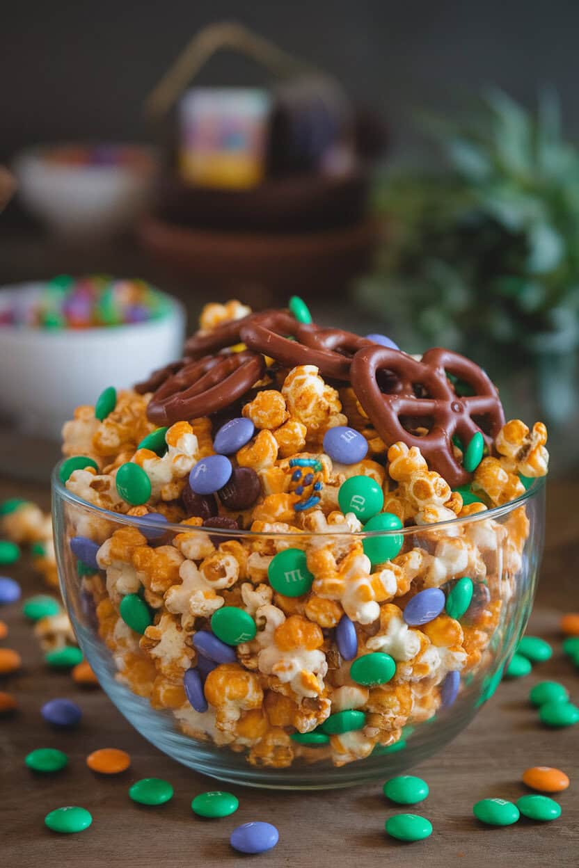 An indoor snack bowl overflowing with candy-sprinkled caramel popcorn, chocolate-coated pretzels, and green M&Ms scattered throughout. No logos or text; photo only.