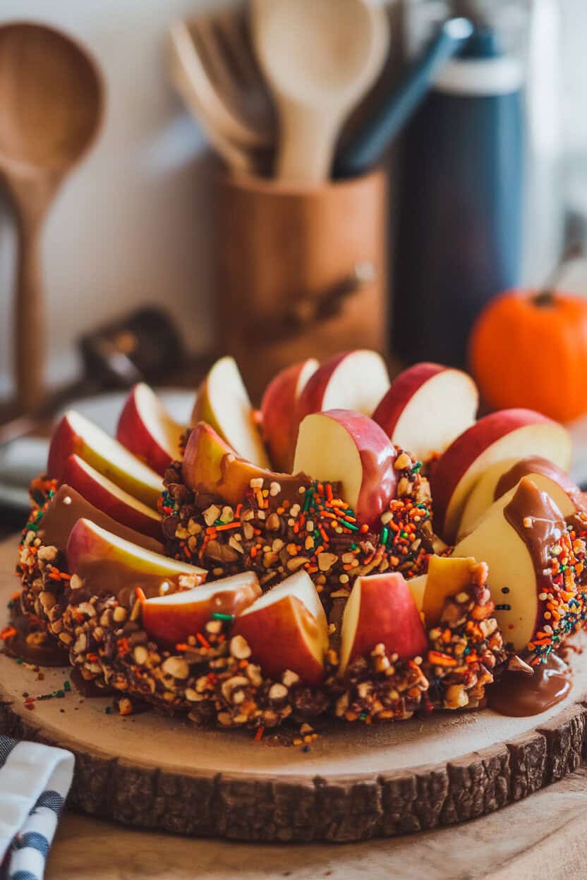 Photo, not illustration. Indoor wood cutting board topped with thick apple wedges partially dipped in glossy caramel and rolled in chopped nuts and Halloween sprinkles. No brand marks, cozy lighting.