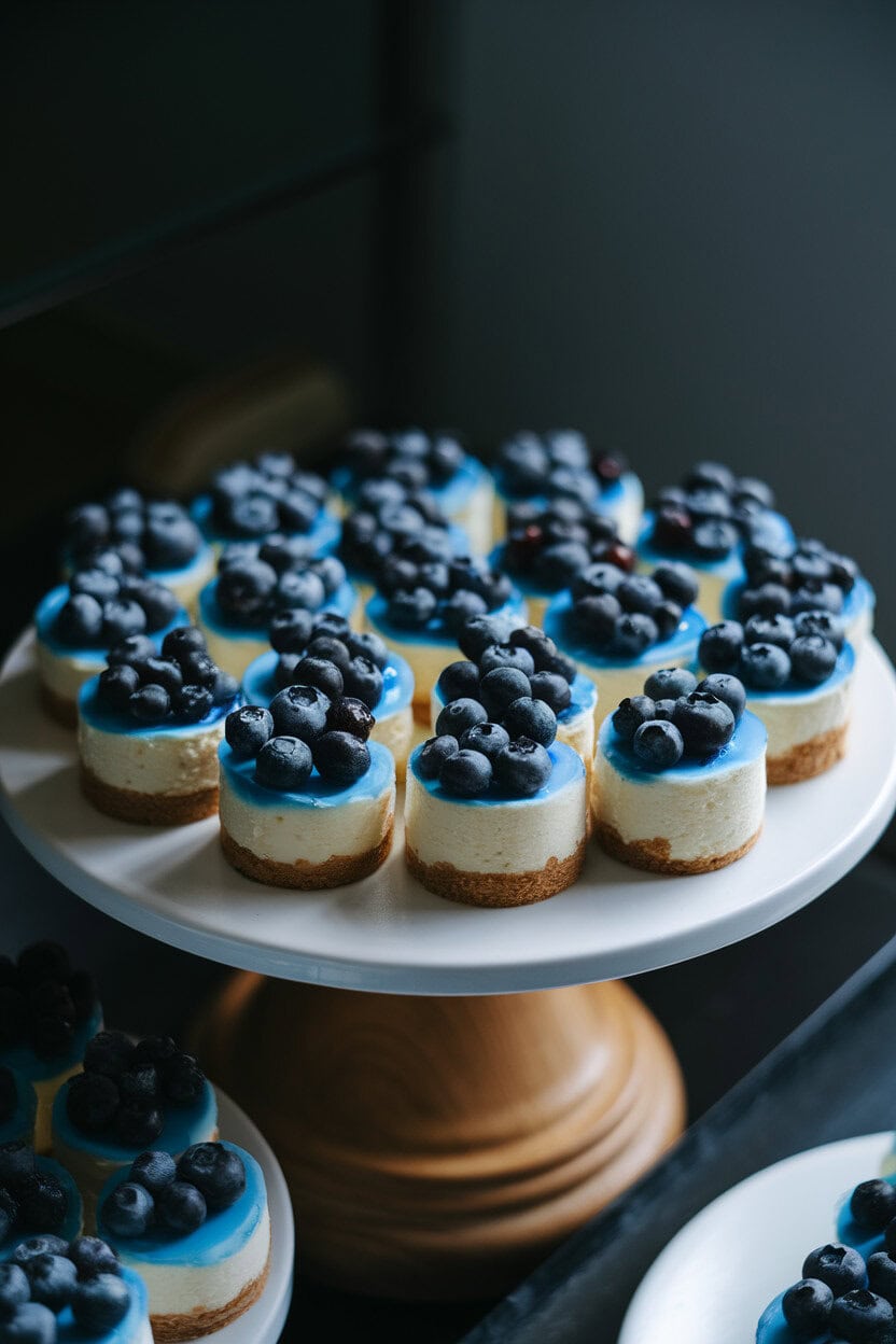 Photo, not illustration — indoor dessert stand with round cheesecake bites topped with a thin layer of blueberry glaze, giving a night-sky sheen; gentle spotlight, no text or logos