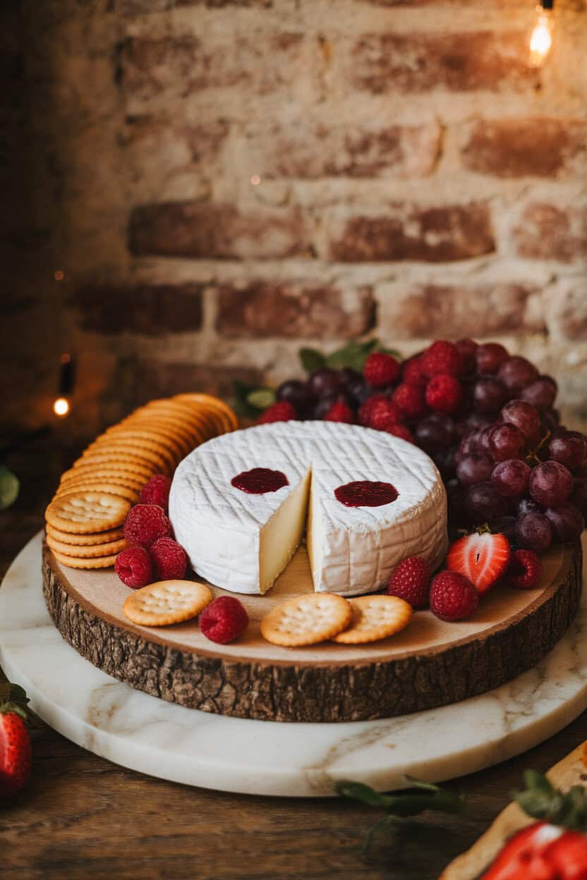 Photo, not illustration — indoor wooden cheese board with soft brie wheel bearing two raspberry jam “bite marks,” surrounded by crackers and fruits; warm ambient lighting, no text or logos