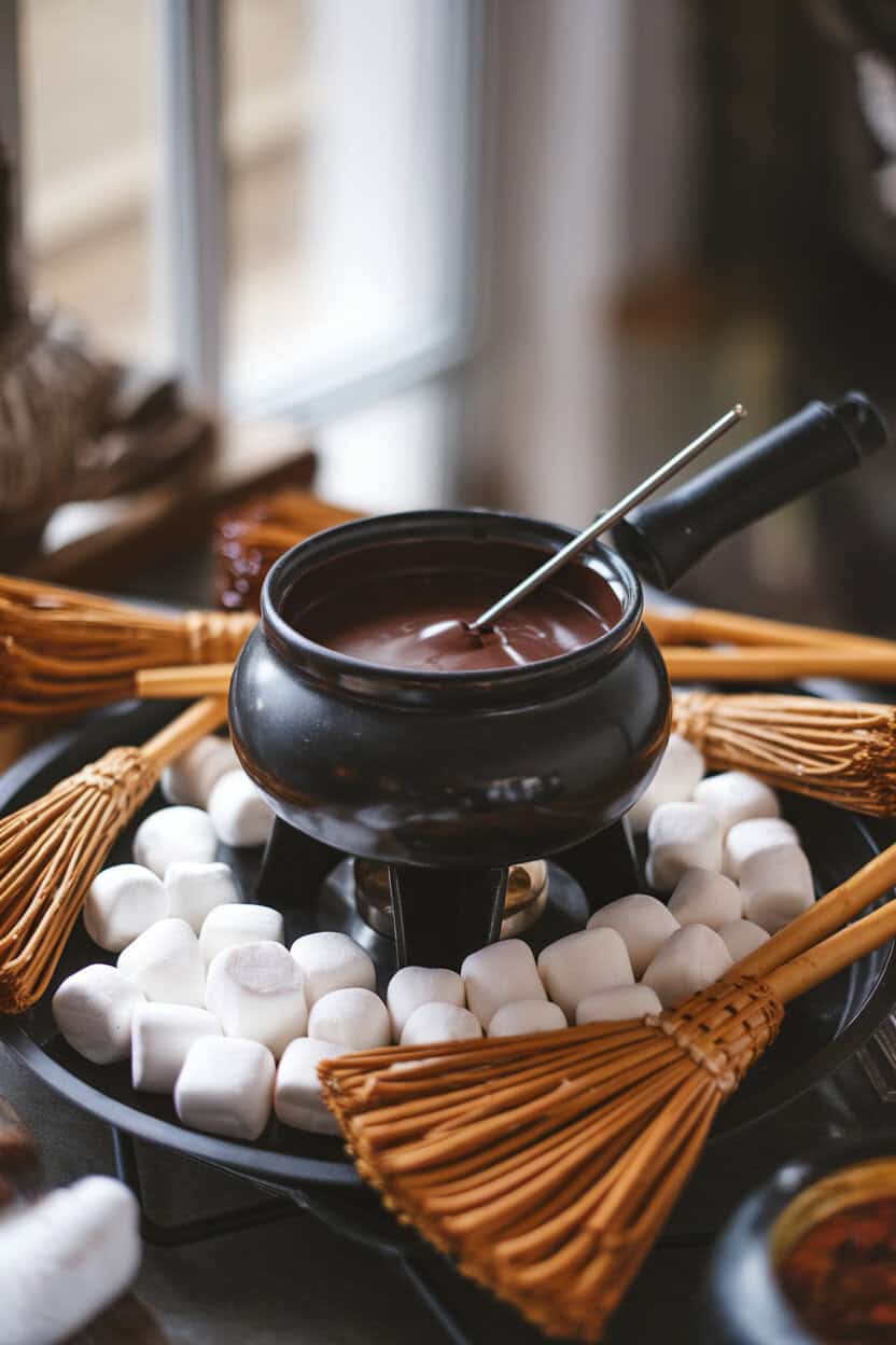 Indoor photo of a mini black fondue pot filled with dark chocolate, surrounded by marshmallows and pretzel sticks shaped like broom handles. No text or logos present.