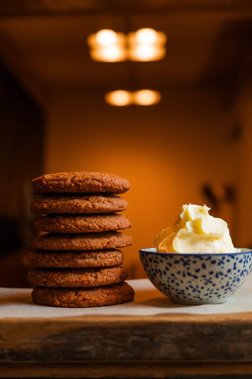 Photo prompt: An indoor scene with sweet potato molasses cookies stacked beside a small bowl of whipped butter. Warm overhead lighting, no text or logos.