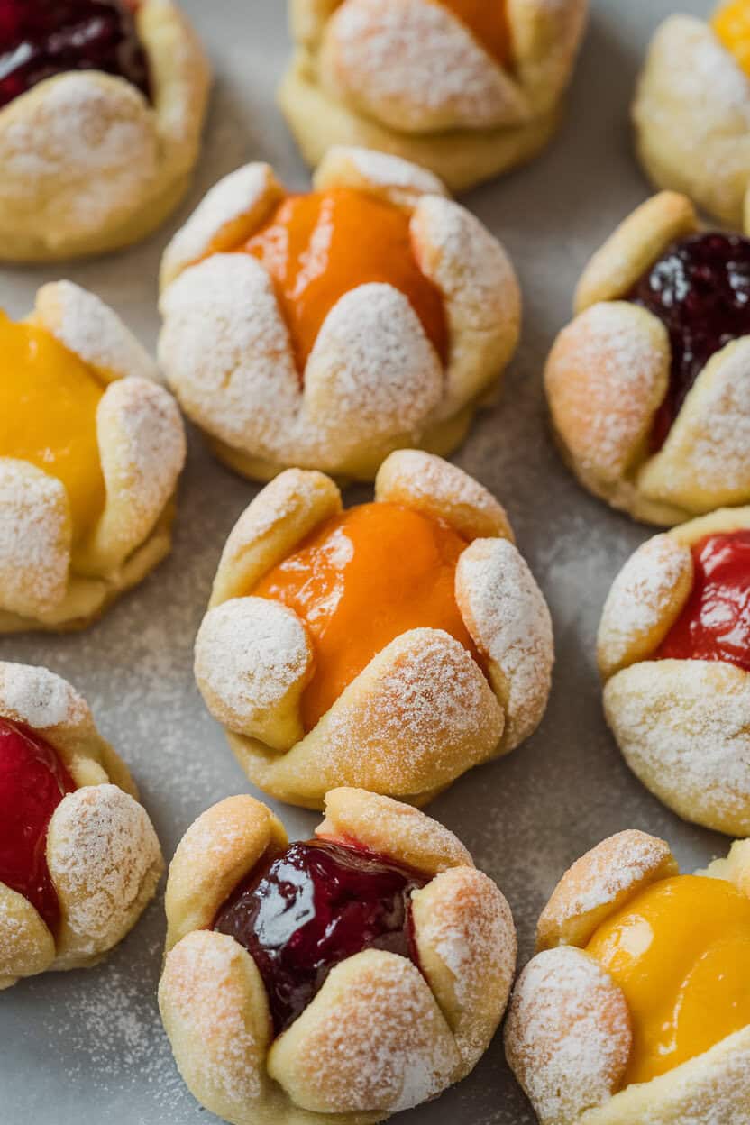 Indoor tabletop shot of kolaczki cookies folded around colorful fruit preserves, lightly powdered with sugar. No text or logos.