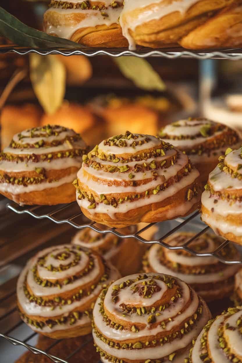 Indoor bakery rack with spiraled sweet rolls studded with chopped pistachios and drizzled with light cardamom icing, glistening under warm lighting. No text or logos. Photo, not illustration.