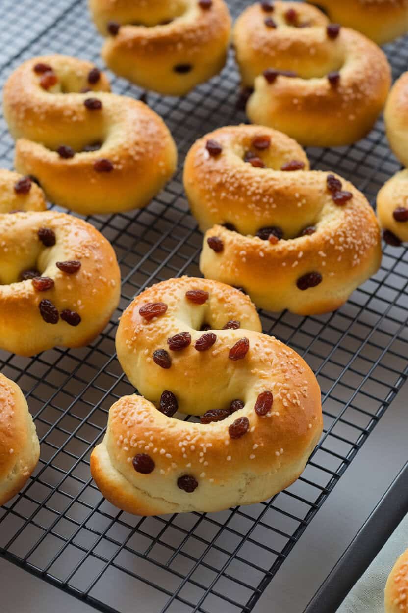 An indoor cooling rack with golden S-shaped saffron buns dotted with plump raisins, soft ambient light enhancing their yellow hue. No text or logos present. Photo, not illustration.