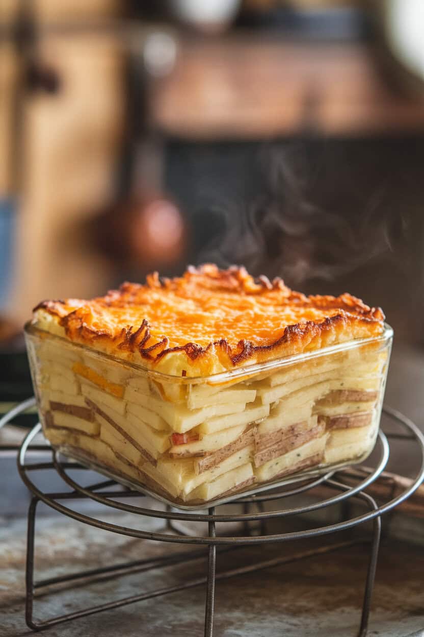 A square baking dish of layered potato gratin with browned cheese crust, set on an indoor trivet. No text or logos; photo, not illustration.