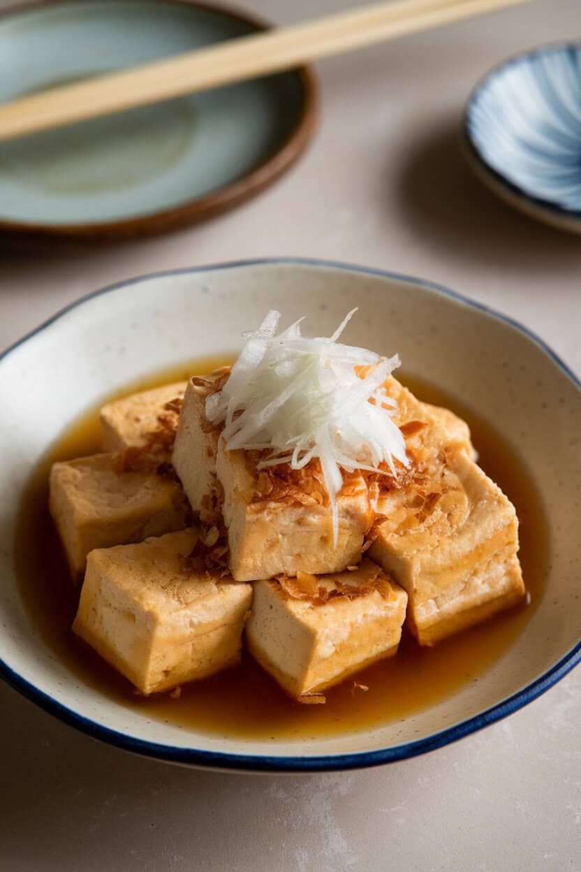 An indoor plate with lightly fried tofu cubes sitting in a shallow pool of tentsuyu broth, topped with grated daikon and bonito flakes. No text or logos present. Photo, not illustration.