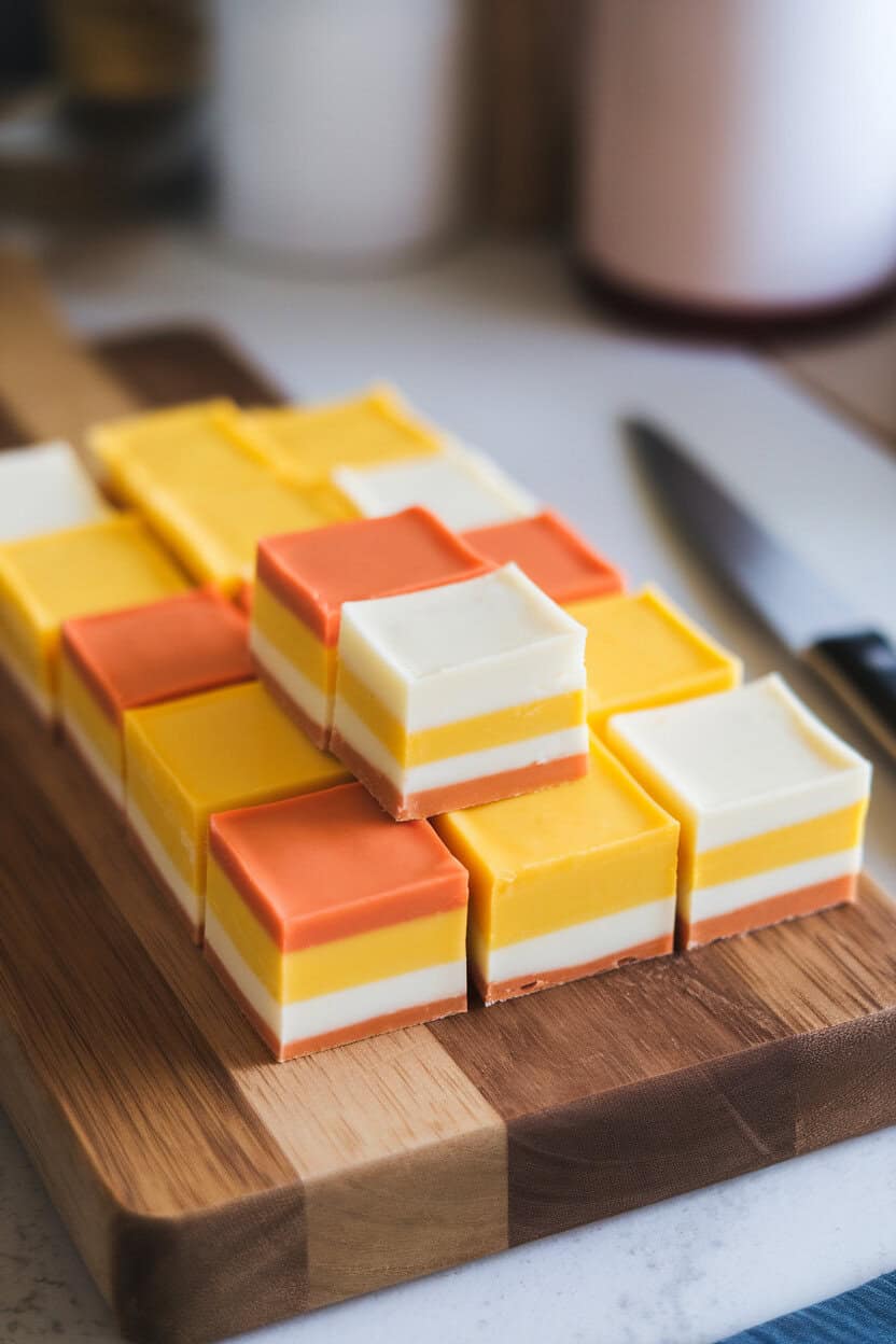 Photo, not illustration. Indoor cutting board with tri-layer squares of white, orange, and yellow fudge arranged neatly. No visible branding.