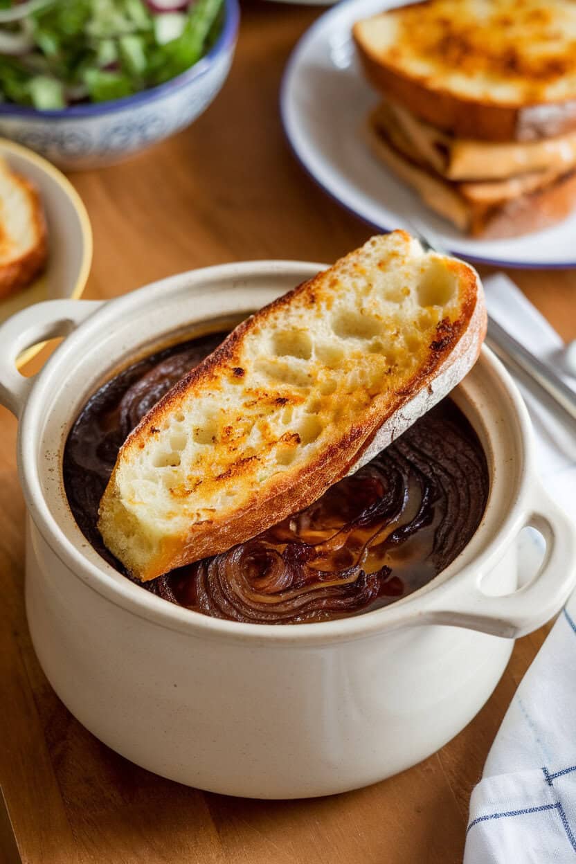 Indoor dining table set with a crock of dark caramelized onion soup topped by a broiled Gruyère-smothered baguette slice, cheese bubbling. No text or logos
