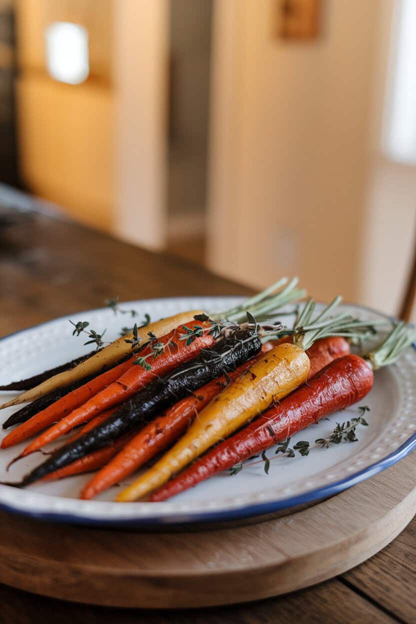 Photo of multicolored roasted carrots on a white platter, thyme sprigs sprinkled over, indoor family dining room lighting. No text or logos.