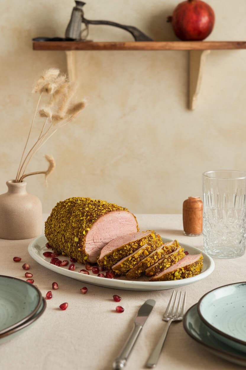 Indoor dining room table with sliced pork loin coated in vivid green pistachio crust, pomegranate seeds sprinkled around; no visible text or logos.