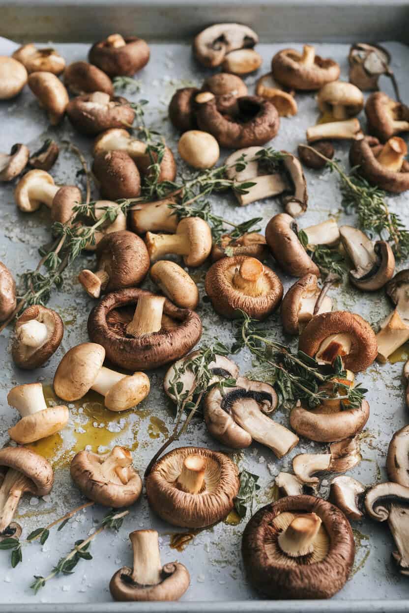 An indoor sheet pan of assorted roasted mushrooms—cremini, shiitake, oyster—sprinkled with fresh thyme leaves and coarse salt. No branding or text. Photo.</Prompt