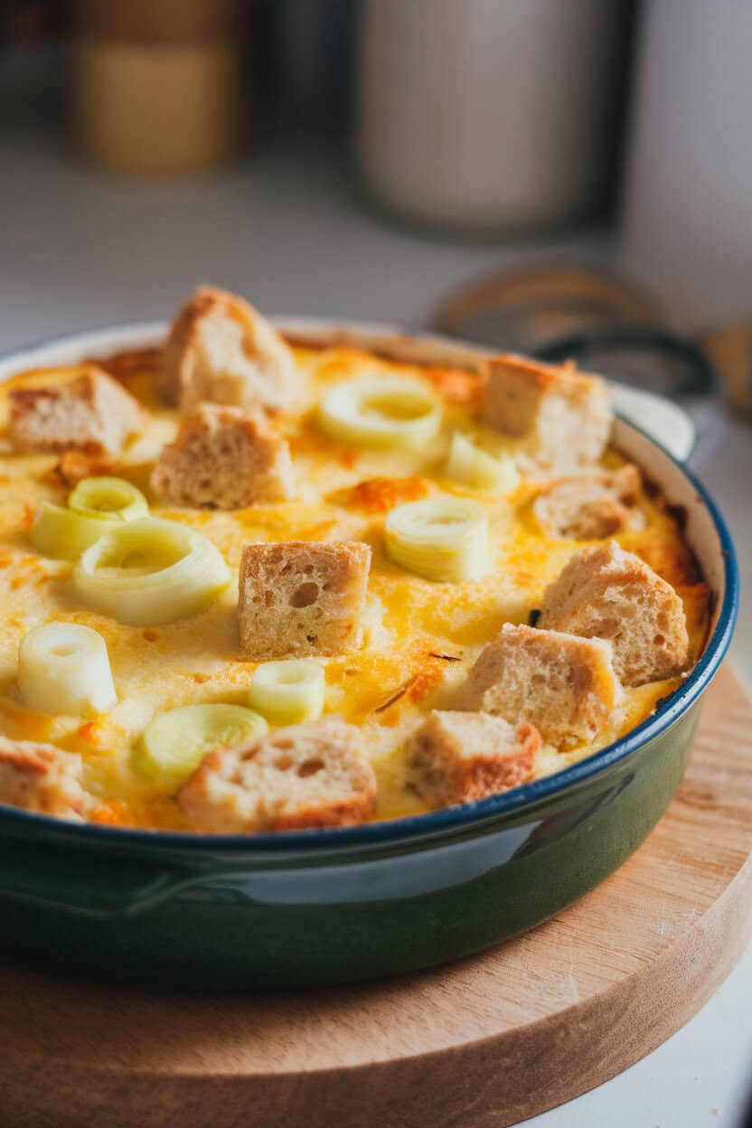Photo of an indoor casserole dish with cubes of bread baked in custard, slices of tender leeks visible on top, golden crust, no text or logos.