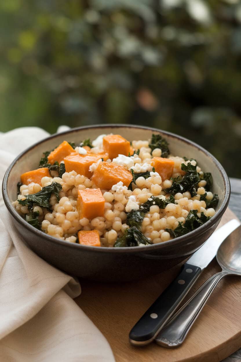 A softly lit indoor scene with a deep bowl of pearl barley mixed with roasted butternut squash cubes and baby kale, sprinkled with goat cheese. Photo, no text or logos.