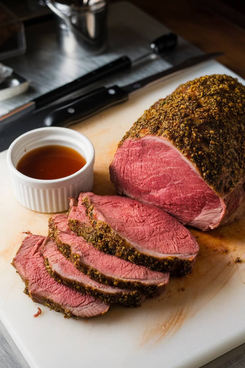 A dimly lit indoor cutting board showcasing thick slices of medium-rare prime rib with a herb crust, small ramekin of jus alongside—no text or logos.