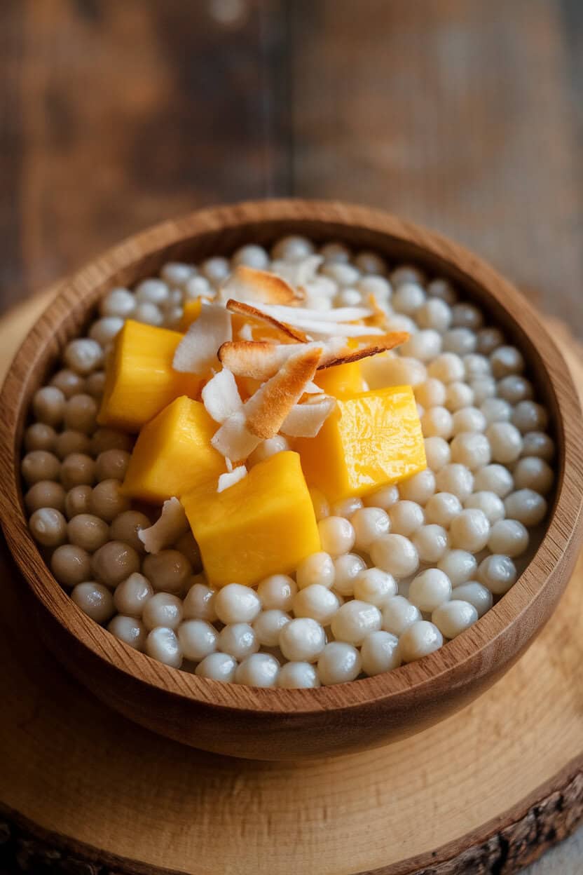 Photo prompt: Indoor bowls of creamy tapioca pearls topped with fresh mango cubes and toasted coconut flakes, no text or logos.