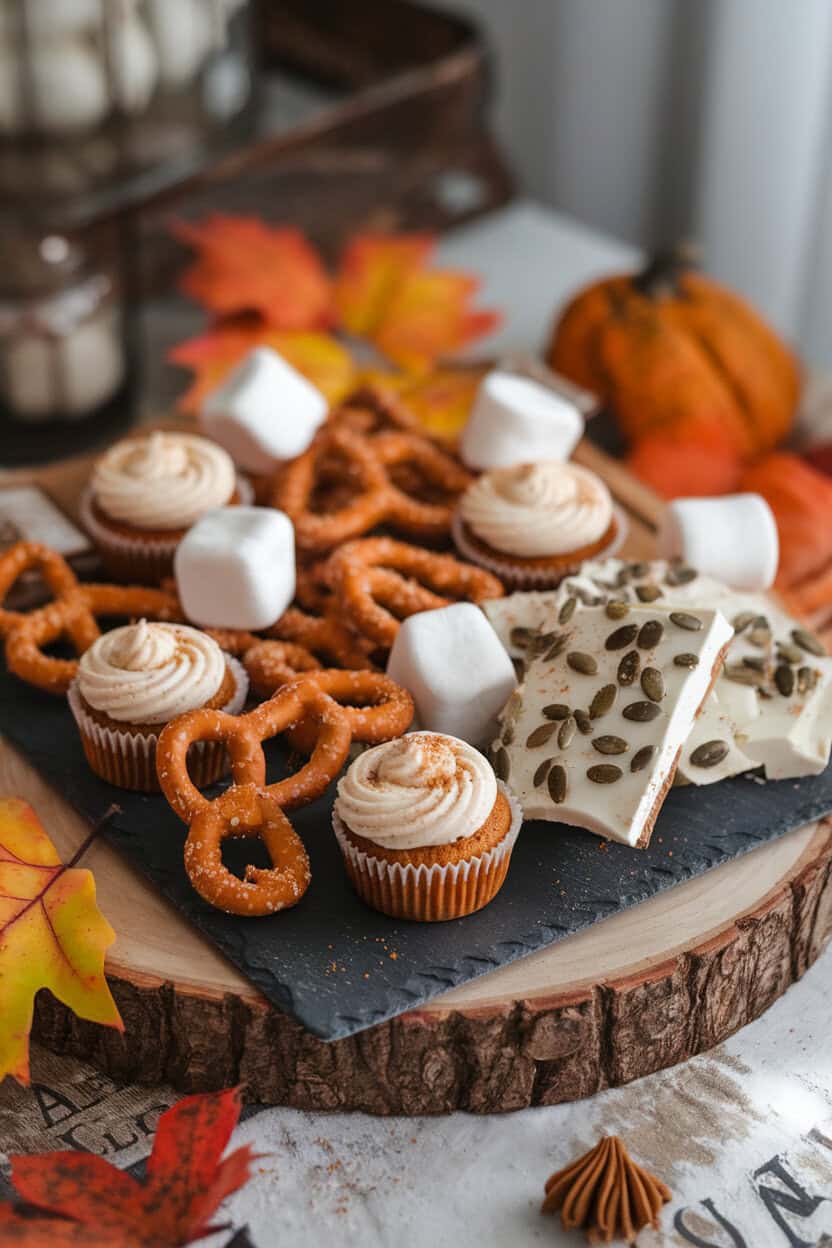 Indoor photo of a slate tray filled with pumpkin spice mini cupcakes, cinnamon-sugar pretzels, white chocolate bark studded with pumpkin seeds, and marshmallows. No text or logos.