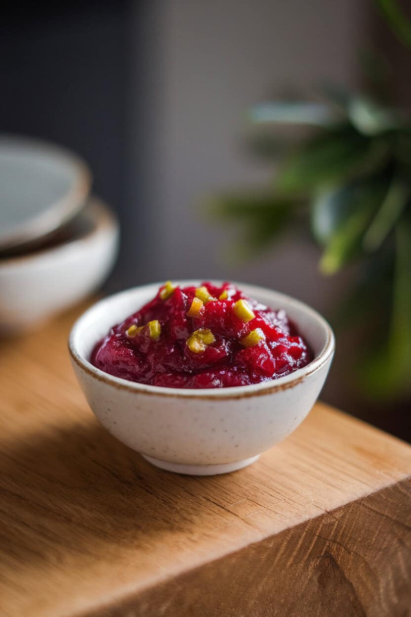 Photo of a small white bowl indoors filled with deep red cranberry sauce flecked with green jalapeño bits, no text or logos.