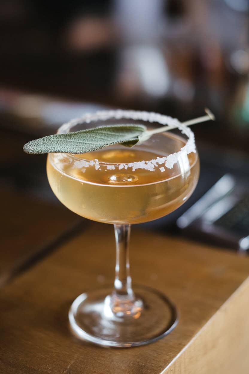 Stemmed indoor glass rimmed with fine sugar, filled with a golden cocktail, sage leaf floating on top. No logos present.