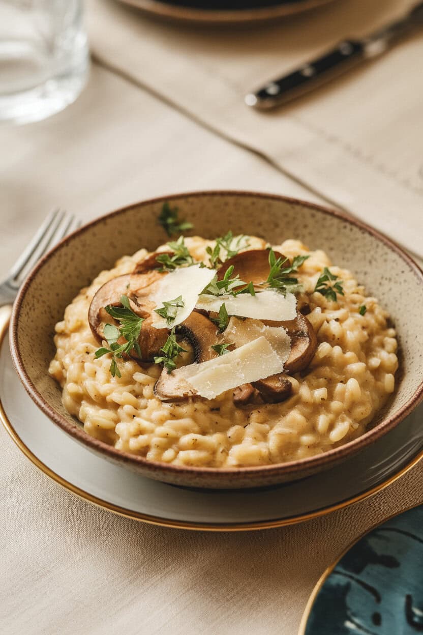 An indoor dining table showcasing a shallow bowl of creamy mushroom risotto garnished with fresh parsley and Parmesan shavings. Photo only, no text or logos.