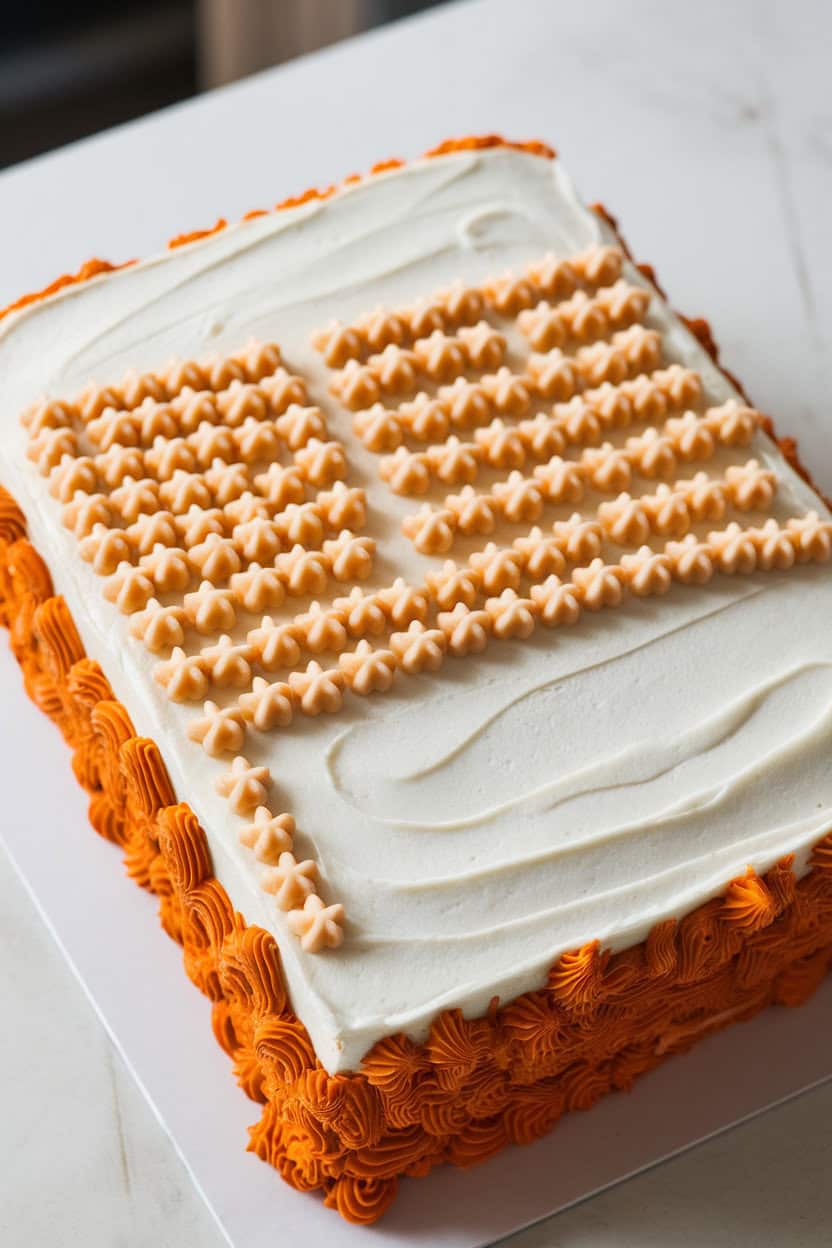 Indoor photo of a pumpkin sheet cake frosted white, tiny maple-flavored frosting stars piped into flag shape, no text or logos