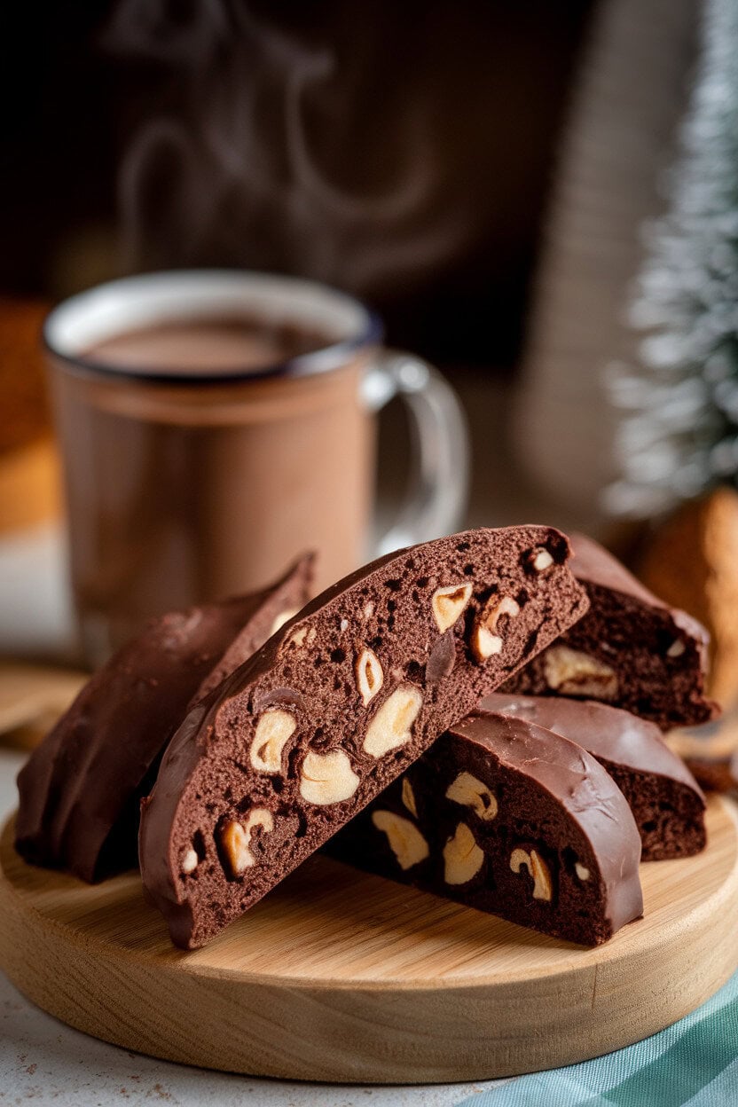 Indoor photo of chocolate biscotti pieces with visible chestnut chunks, steam rising from hot chocolate in background—no logos.