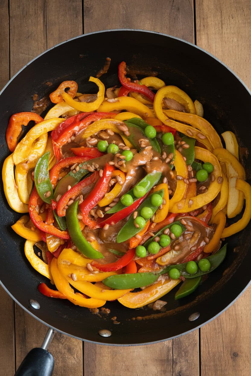 Indoor photo of a wok filled with stir-fried squash ribbons, bell peppers, and snap peas coated in glossy peanut sauce; no text or logos.