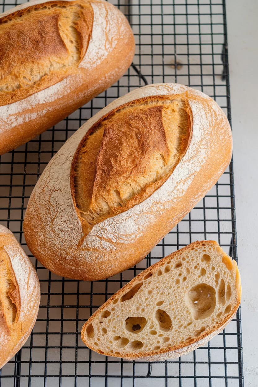 Photo of oblong ciabatta loaves on an indoor cooling rack, flour-dusted crusts and irregular holes visible in one torn piece. No text or logos.